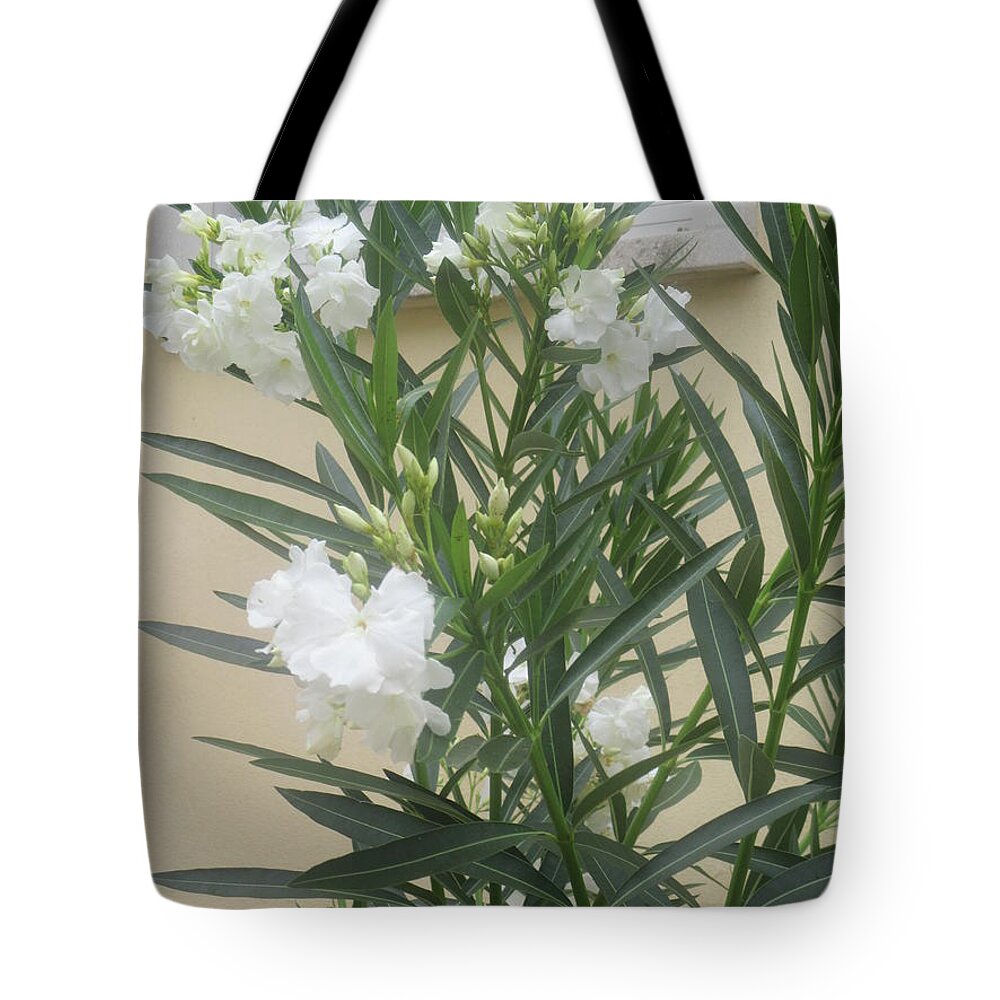 Flowers Tote Bag featuring the photograph White Flowers With A Closed Window Behind by Anamarija Marinovic