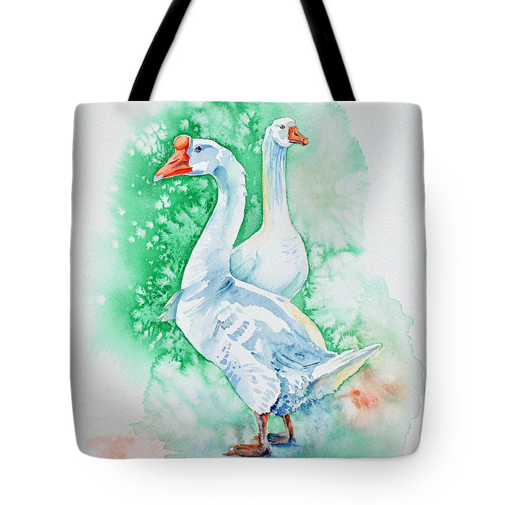 Geese Tote Bag featuring the painting White Geese by Zaira Dzhaubaeva