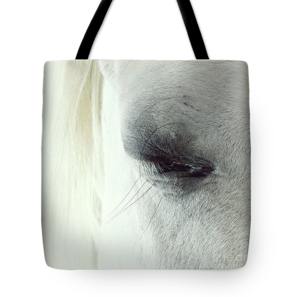 Horse Tote Bag featuring the photograph White horse beautiful eye by Dimitar Hristov