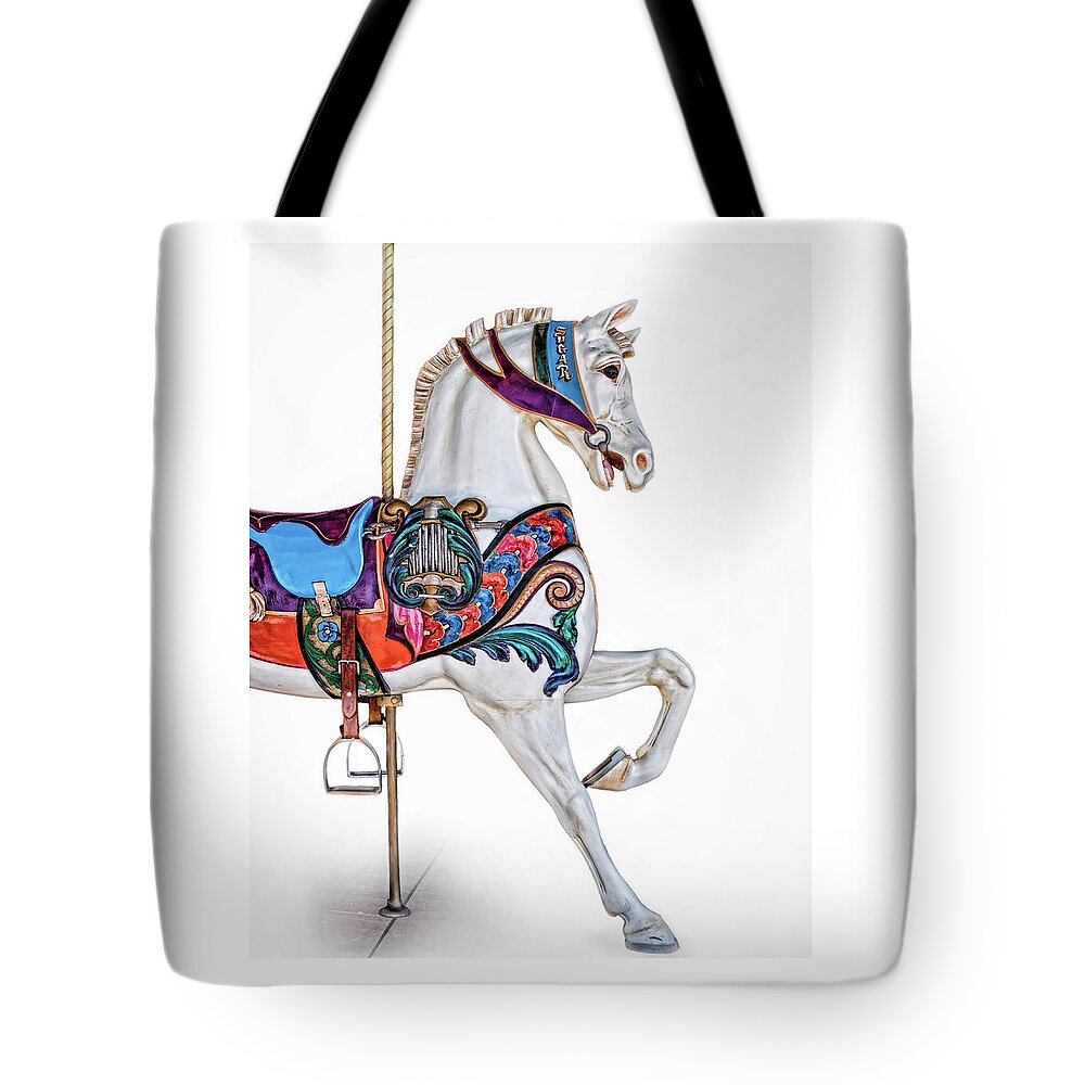 Carnival Tote Bag featuring the photograph White Horse of the Carousel by David and Carol Kelly