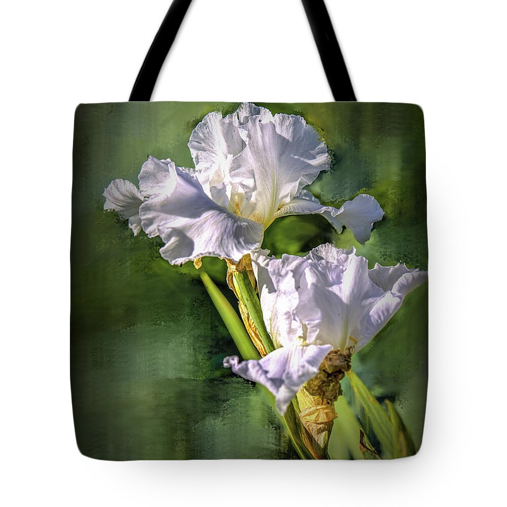 White Tote Bag featuring the photograph White iris on abstract background #g4 by Leif Sohlman