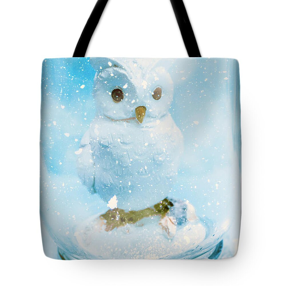 Owl Tote Bag featuring the photograph White owl in snow globe by Jorgo Photography