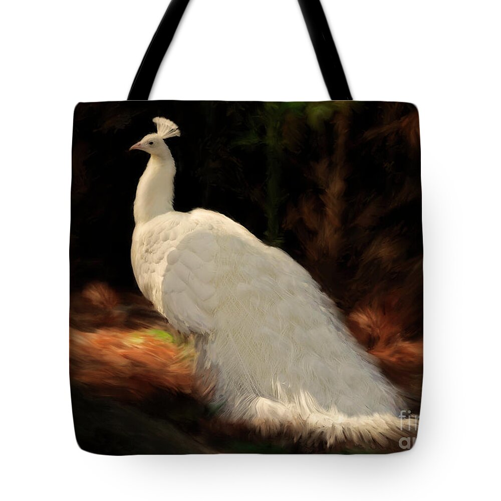Peacock Tote Bag featuring the painting White Peacock in Golden Hour by Constance Woods