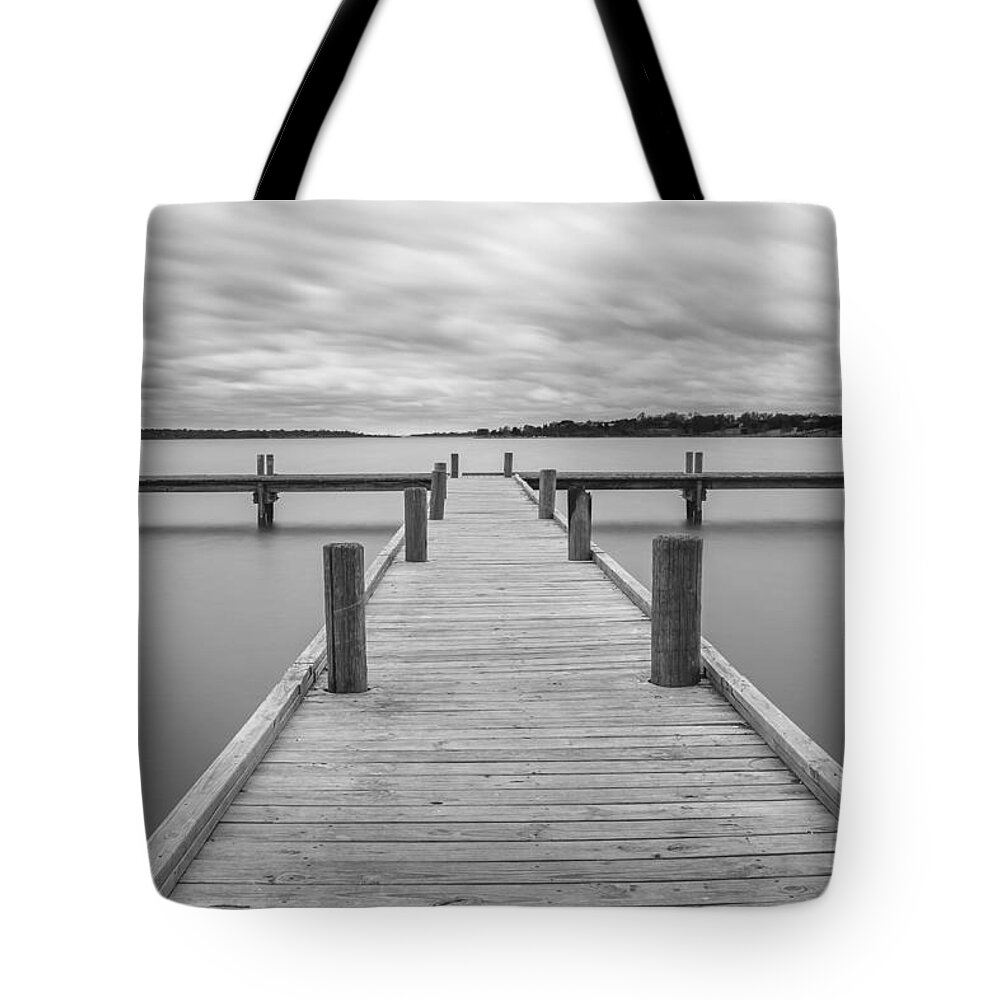 White Rock Tote Bag featuring the photograph White Rock Lake Pier Black and White by Robert Bellomy