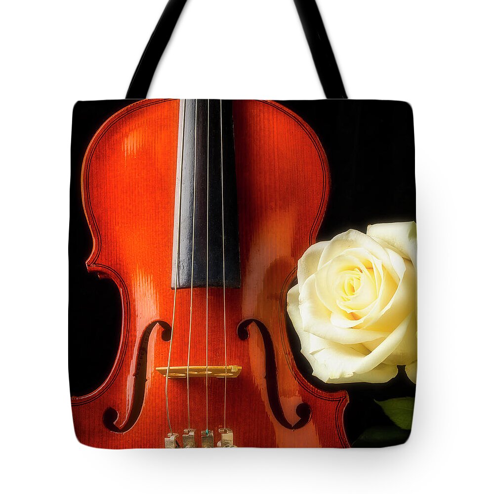 White Tote Bag featuring the photograph White Rose And Violin by Garry Gay