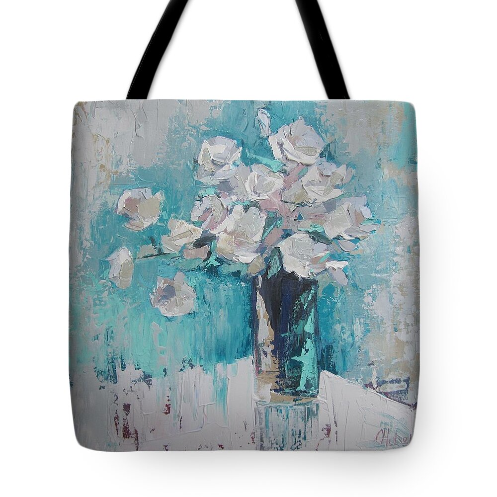 Still Life Tote Bag featuring the painting White Roses Palette Knife acrylic painting by Chris Hobel