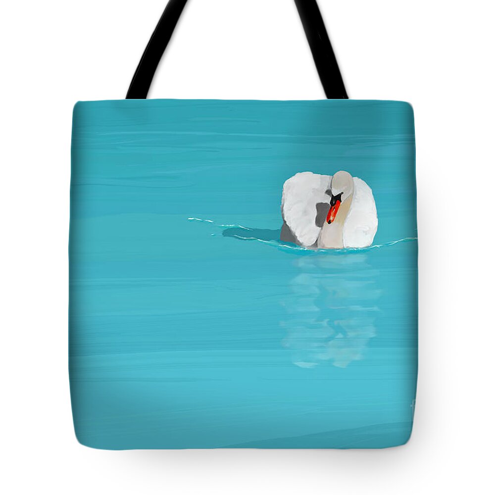 Digital Tote Bag featuring the painting White swan blue lake by Jan Brons