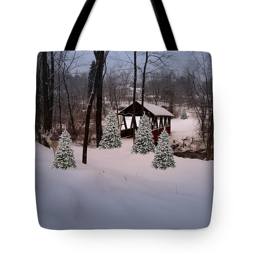 Deer Tote Bag featuring the photograph White Tailed Buck at Belmont N H Covered Bridge by Mim White