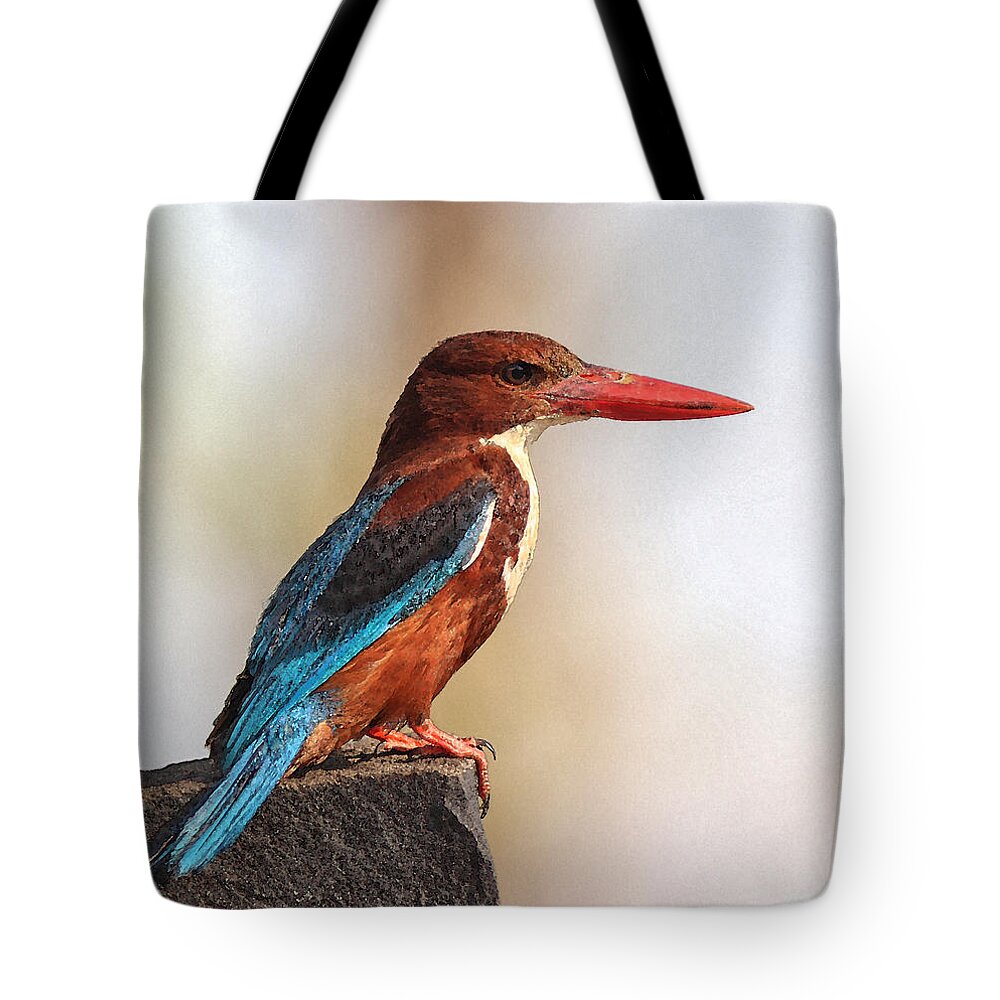 Bird Tote Bag featuring the digital art White-throated Kingfisher by Sandeep Gangadharan