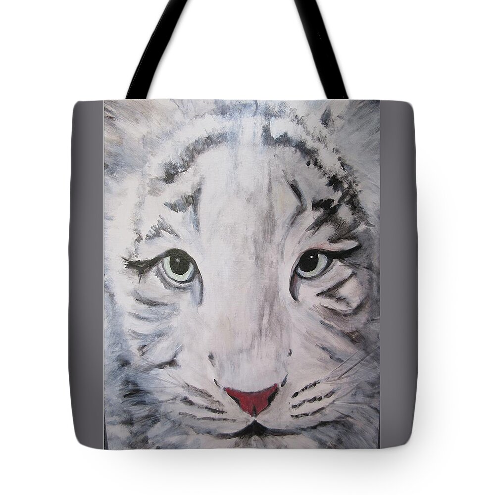 White Tiger Tote Bag featuring the painting White Tiger Looking at You by Denice Palanuk Wilson