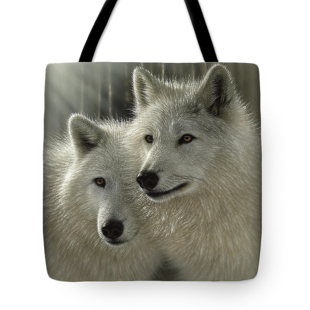Wolf Art Tote Bag featuring the painting White Wolves - Sunlit Soulmates by Collin Bogle