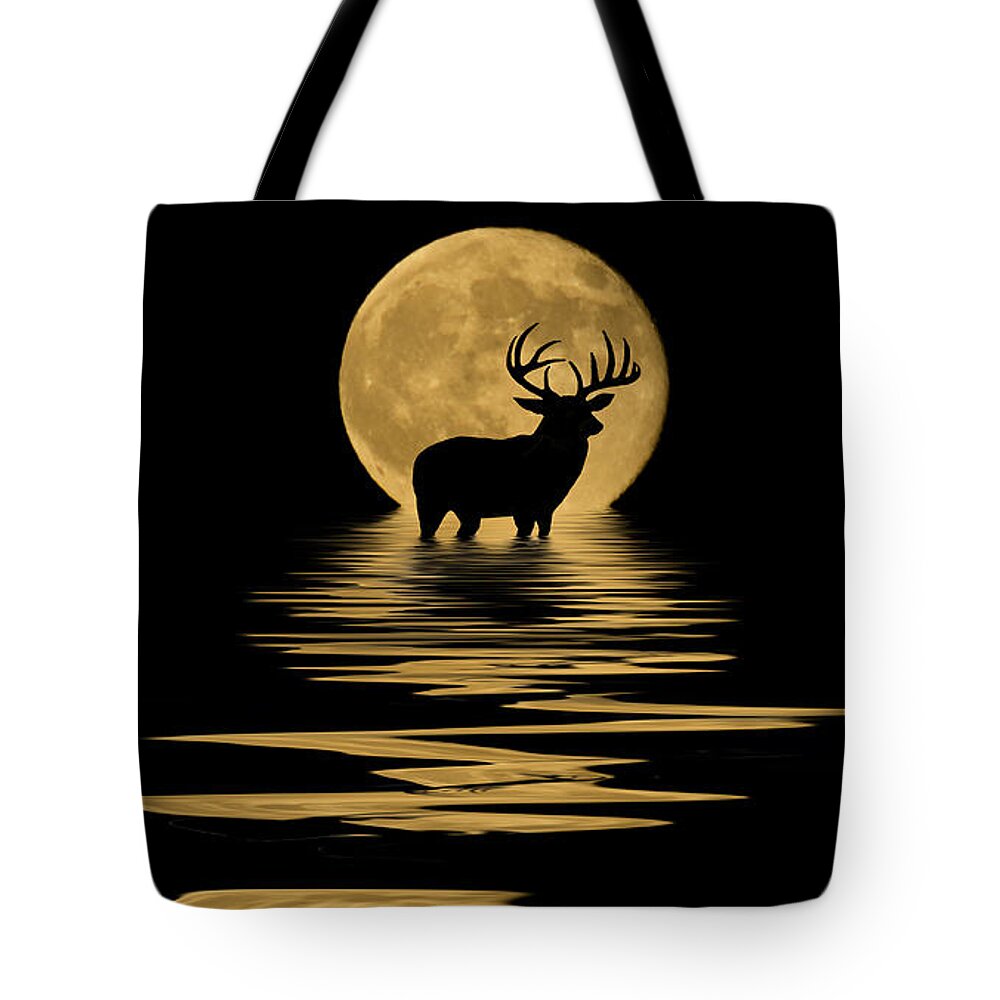 Dark Tote Bag featuring the mixed media Whitetail Deer in the Moonlight by Shane Bechler
