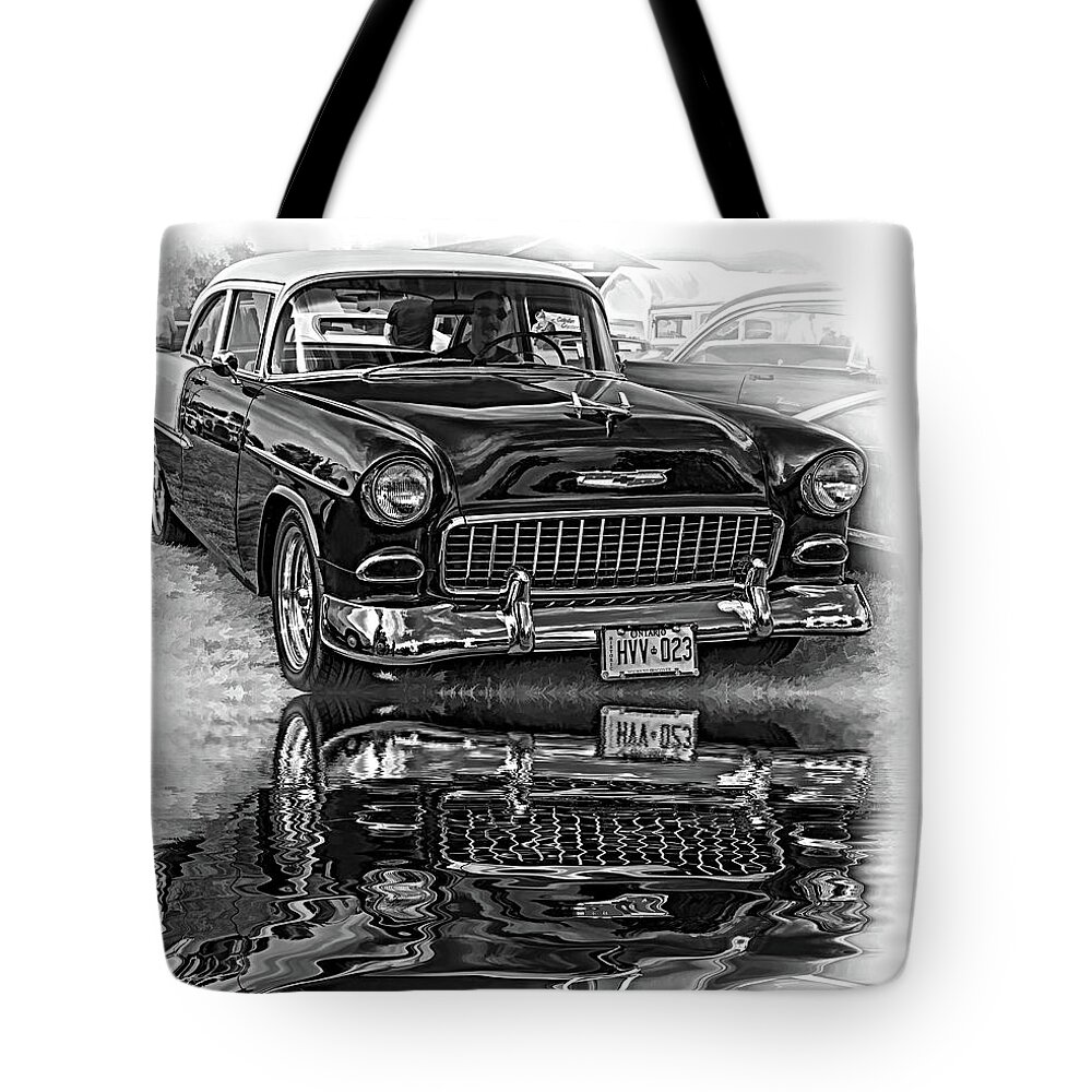 Automotive Tote Bag featuring the photograph Wicked 1955 Chevy - Reflection bw by Steve Harrington