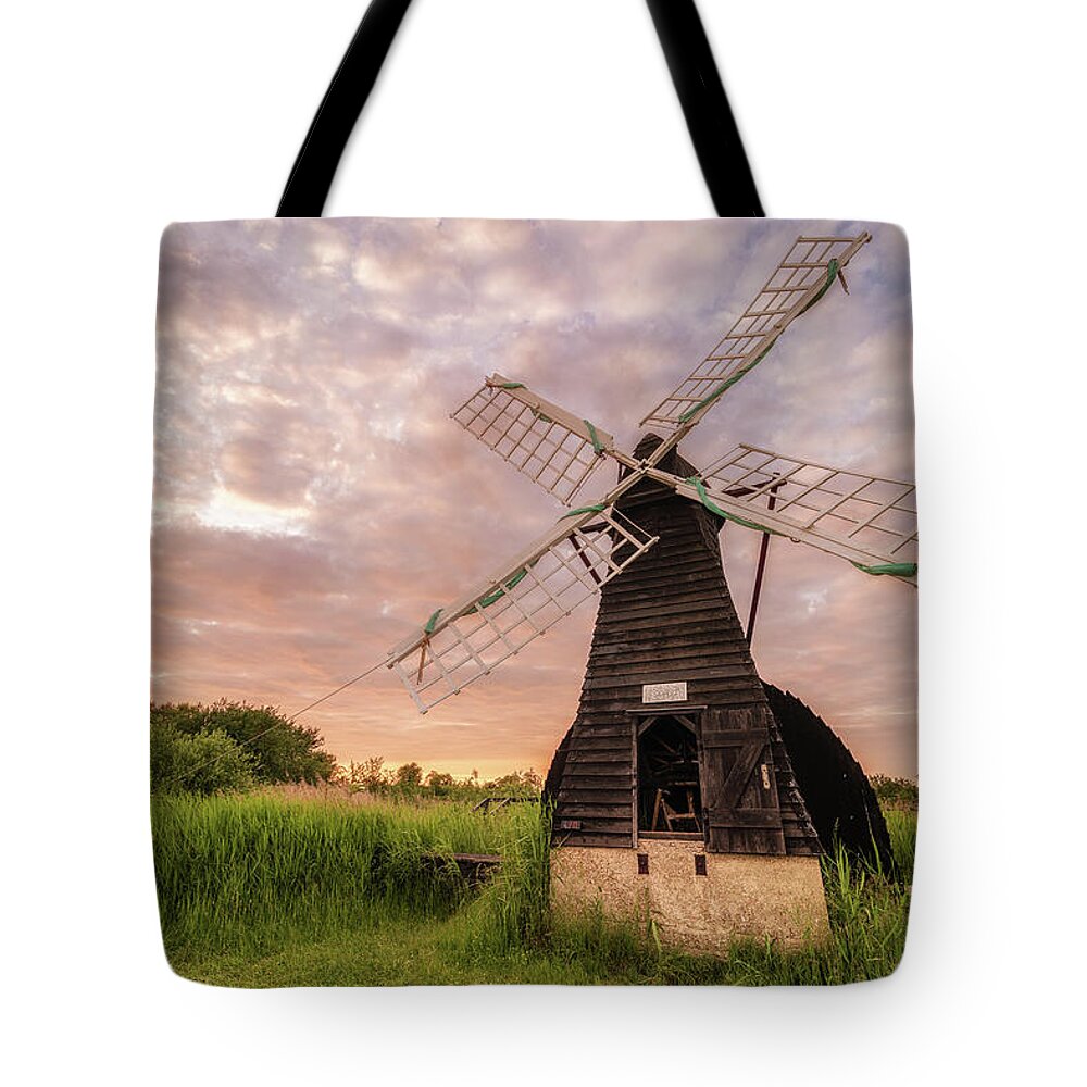 Cloud Tote Bag featuring the photograph Wicken wind-pump at sunset ii by James Billings