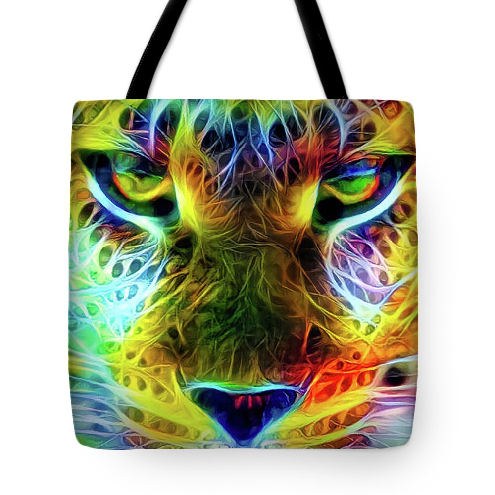 Leopard Tote Bag featuring the mixed media Wild cat's eyes by Lilia D