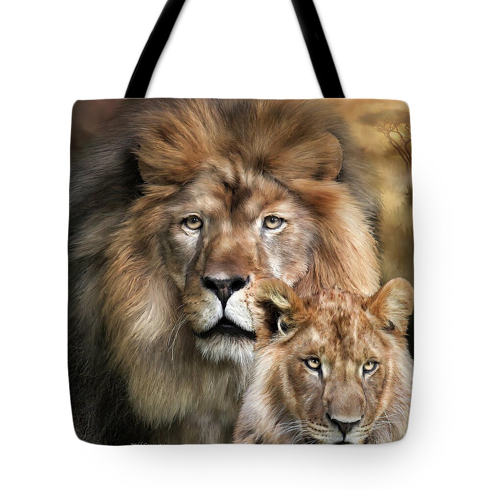 Lion Tote Bag featuring the mixed media Wild Generations by Carol Cavalaris