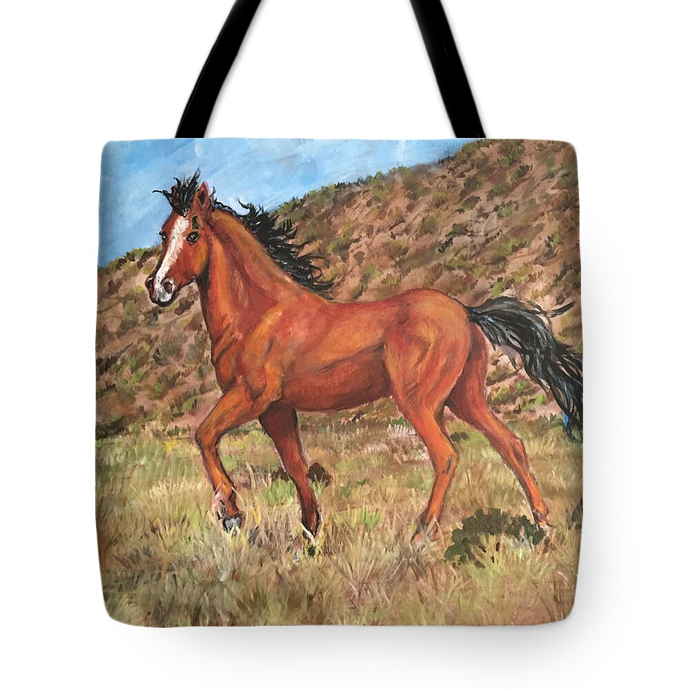 Wild Horse Walking Among The Hills. Horse Tote Bag featuring the painting Wild Horse in Virginia City, Nevada by Charme Curtin