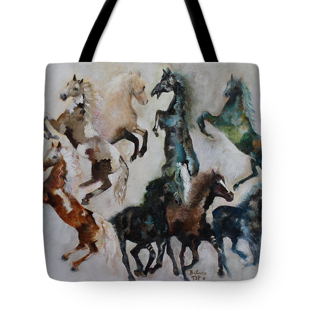Wild Horses Tote Bag featuring the painting Wild Horses Are Coming by Barbie Batson