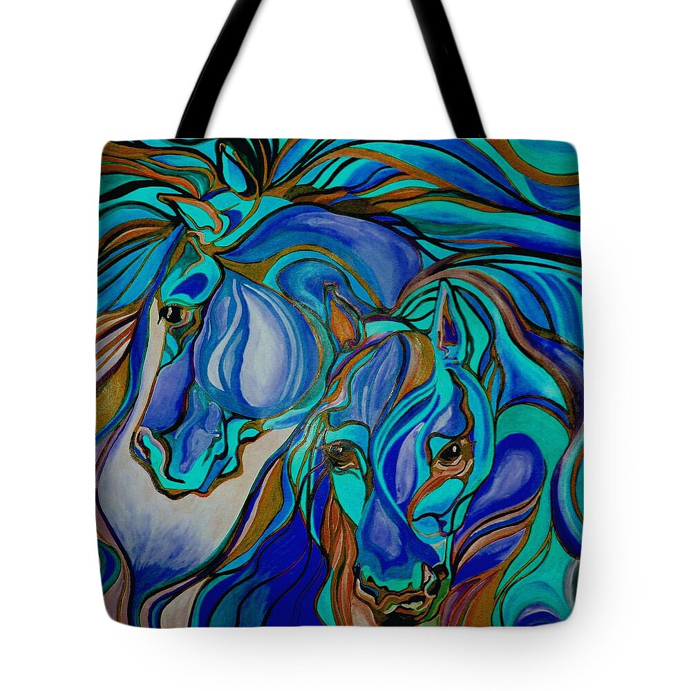 Horse Tote Bag featuring the painting Wild Horses In Brown and Teal by Taiche Acrylic Art