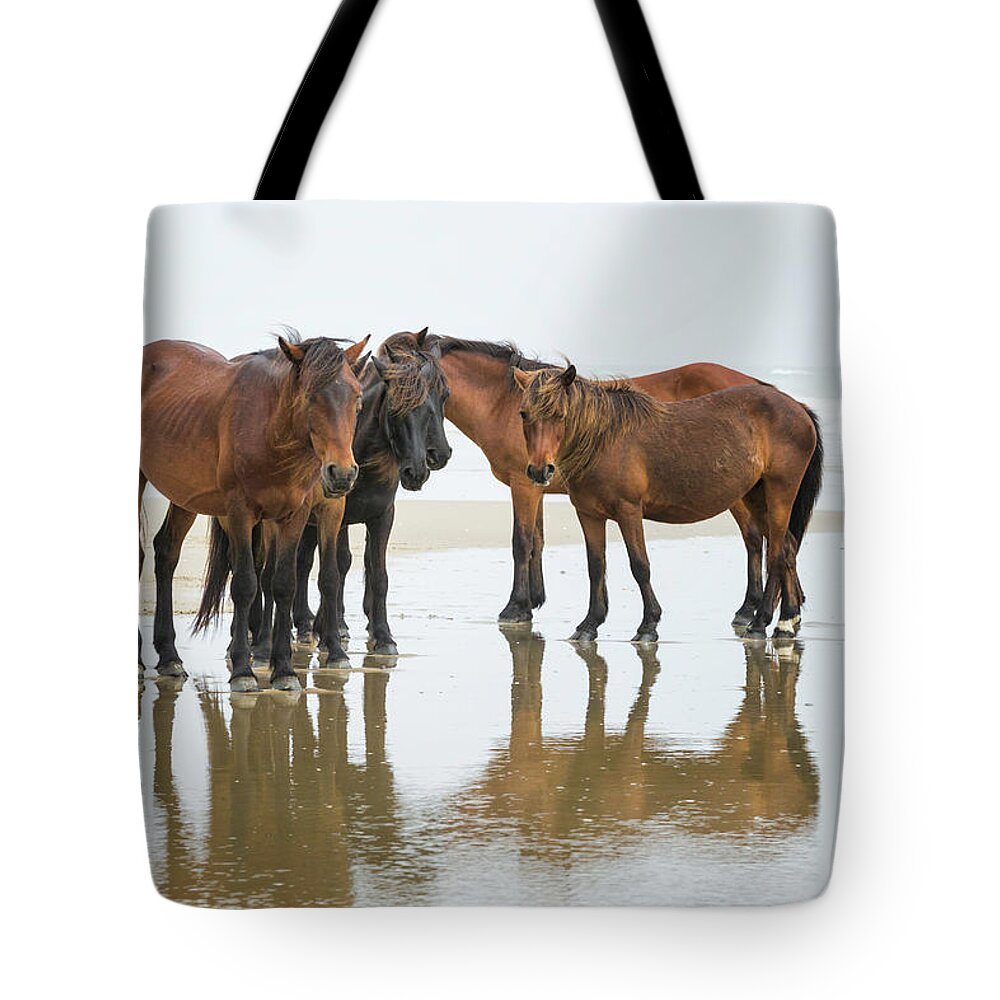 Horses Tote Bag featuring the photograph Wild Horses of Corolla by Fran Gallogly