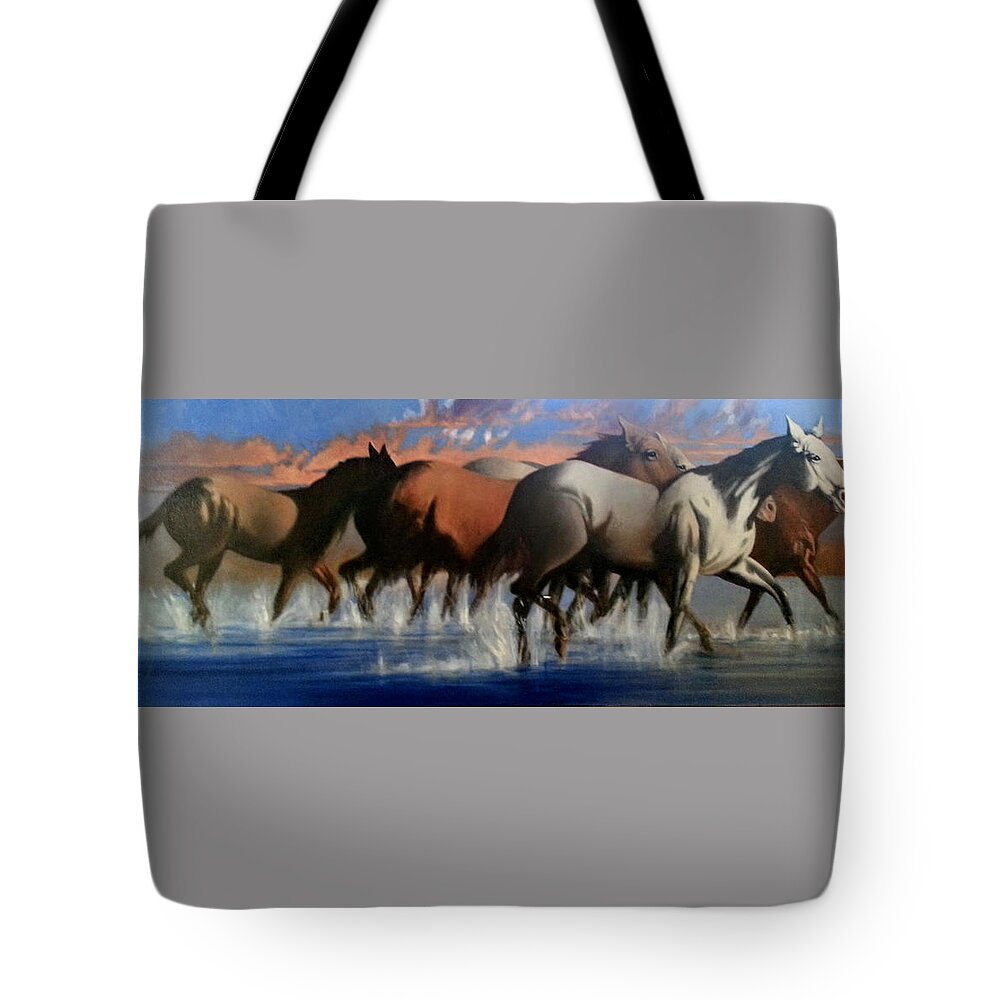 Mustangs Tote Bag featuring the painting Wild Mustangs of the Verder River by Jessica Anne Thomas