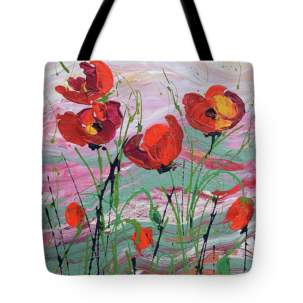 Wild Poppies - Triptych Tote Bag featuring the painting Wild Poppies - 1 by Jyotika Shroff