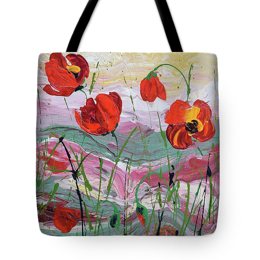 Wild Poppies - Triptych Tote Bag featuring the painting Wild Poppies - 2 by Jyotika Shroff