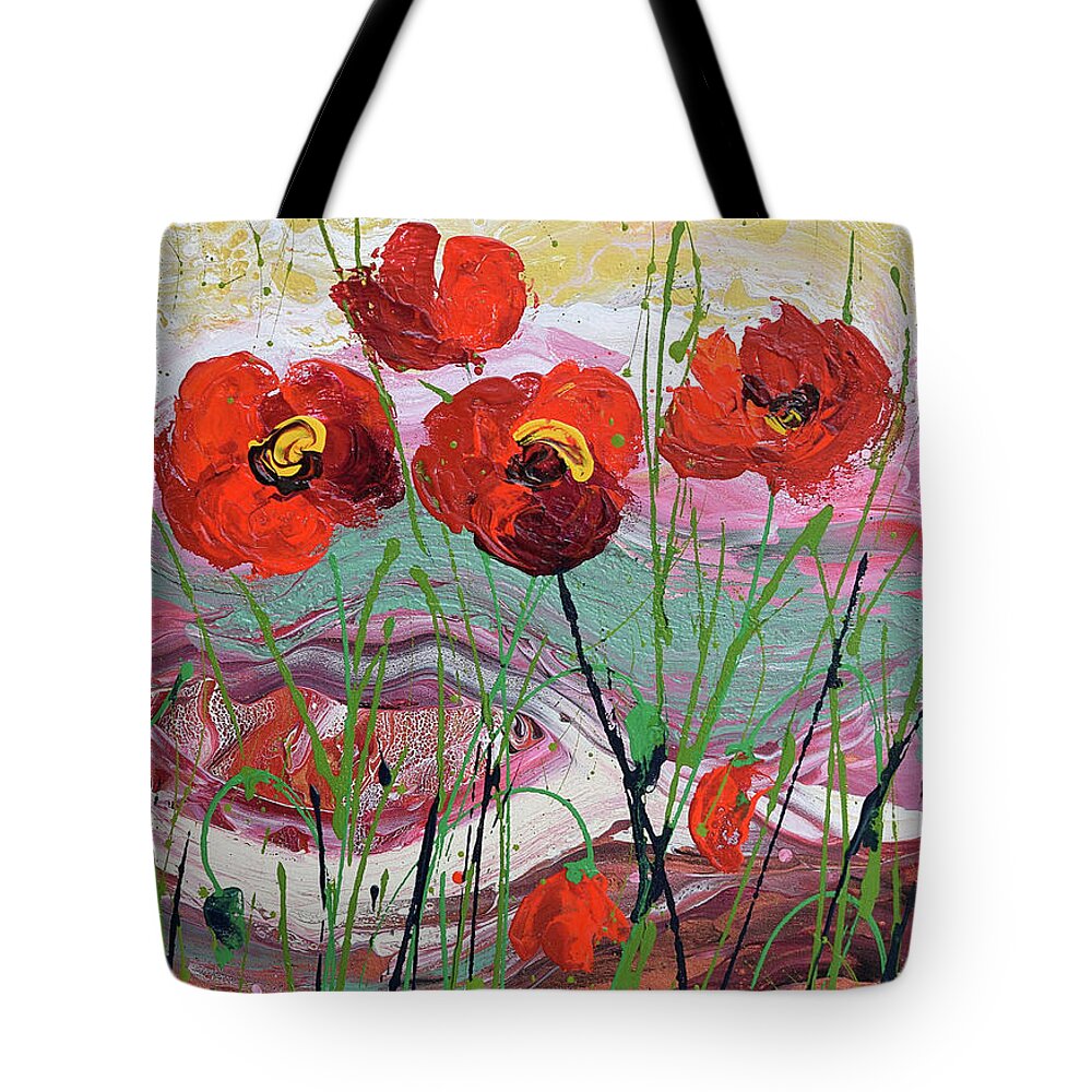 Wild Poppies - Triptych Tote Bag featuring the painting Wild Poppies - 3 by Jyotika Shroff