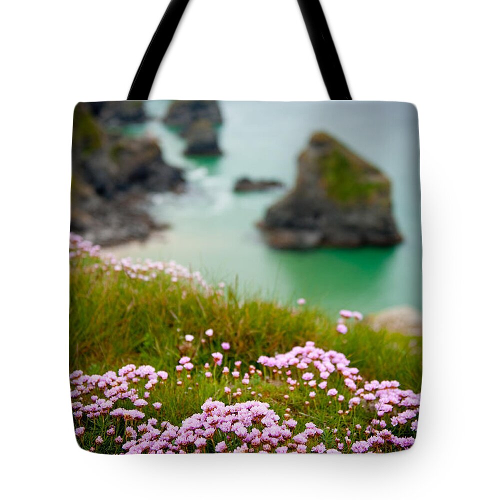 Bedruthen Steps Tote Bag featuring the photograph Wild Sea Pinks in Cornwall by Helen Jackson