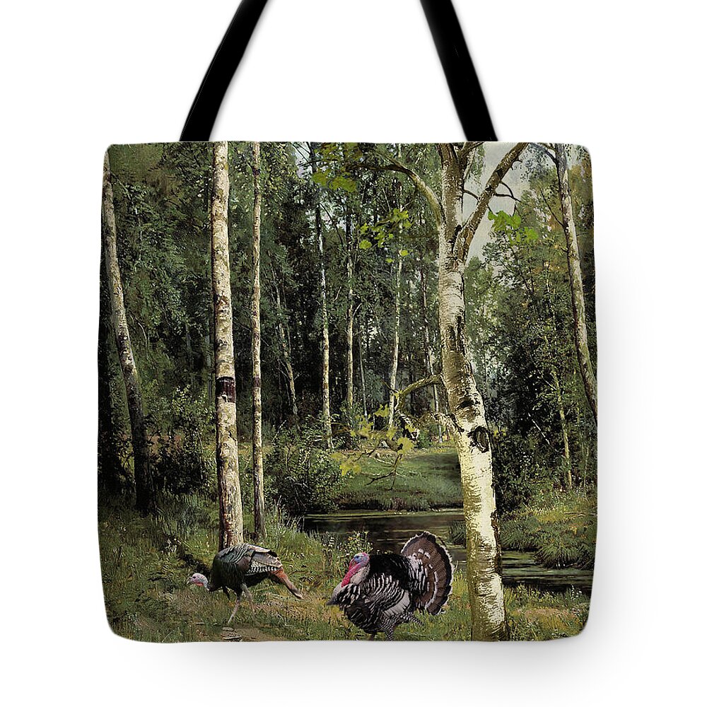 Galliformes Tote Bag featuring the digital art Wild Turkeys in Birch Tree Forest by M Spadecaller