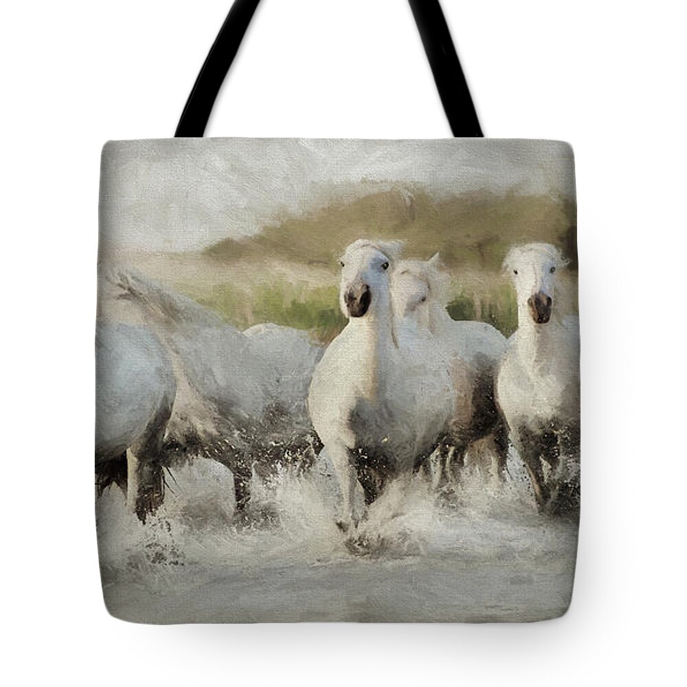 Horse Tote Bag featuring the photograph Wild White Horses of the Camargue I by Karen Lynch