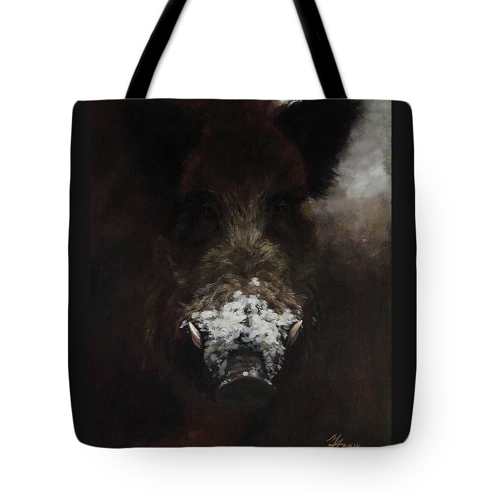 Snout Tote Bag featuring the painting Wildboar with Snowy Snout by Attila Meszlenyi