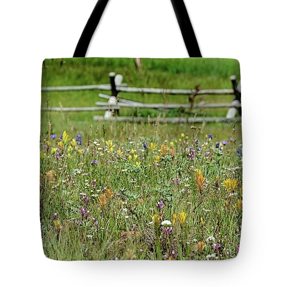 Meadow Tote Bag featuring the photograph Wildflower fence by Gaelyn Olmsted