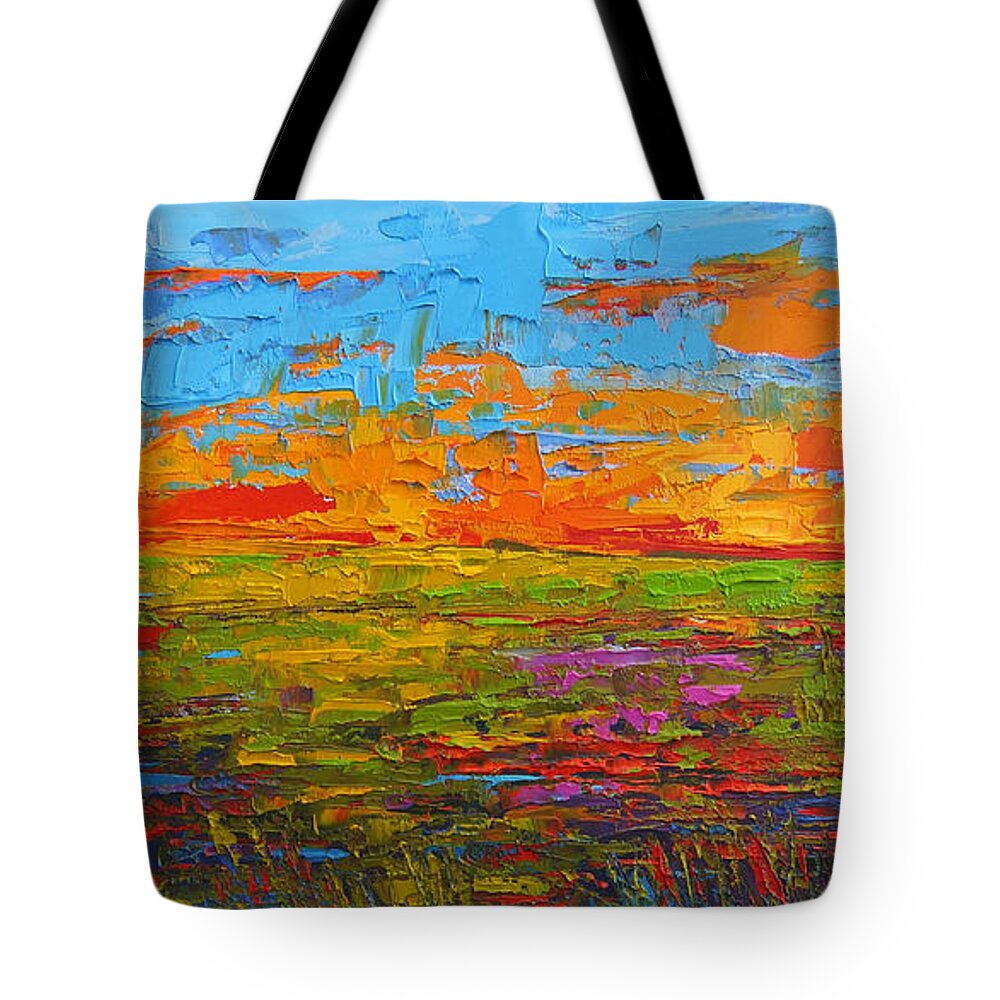 Wildflowers Tote Bag featuring the painting Wildflower Field at Sunset - Modern Impressionist oil palette knife painting by Patricia Awapara