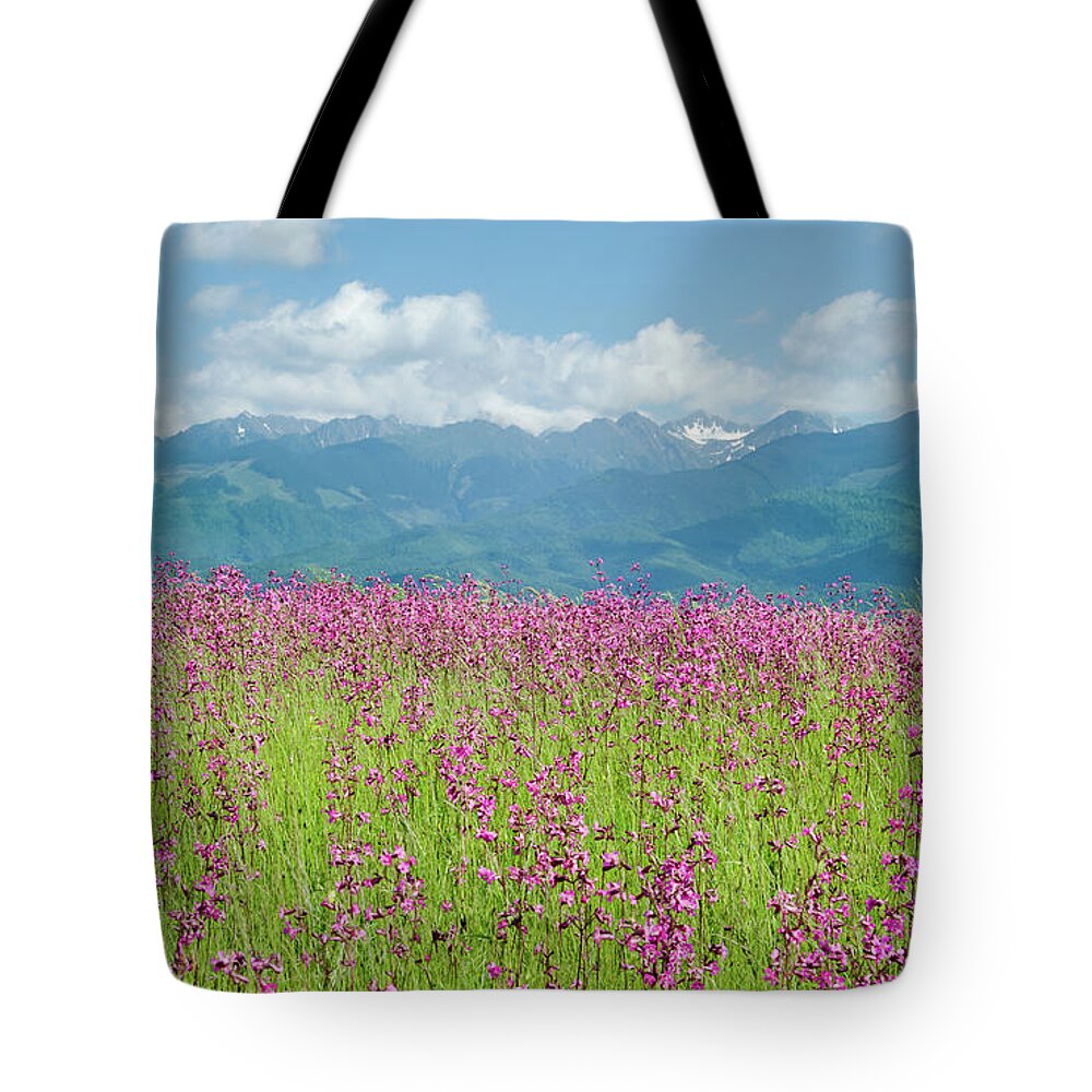 Farm Tote Bag featuring the photograph Wildflower Meadows and the Carpathian Mountains, Romania by Perry Rodriguez