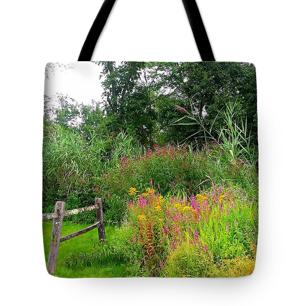 Wildflowers Tote Bag featuring the photograph Wildflowers and Fence in Bridgewater by Dani McEvoy