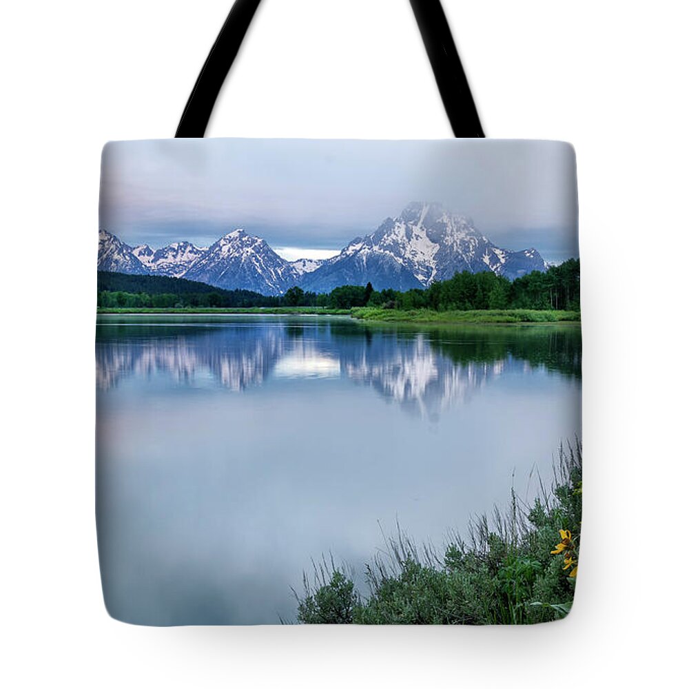 Mt Moran Tote Bag featuring the photograph Wildflowers and Mt Moran by Ronda Kimbrow