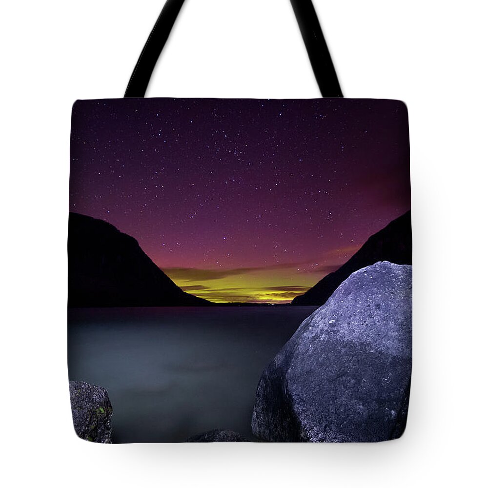 Aurora Tote Bag featuring the photograph Willoughby Aurora and Boulders by Tim Kirchoff