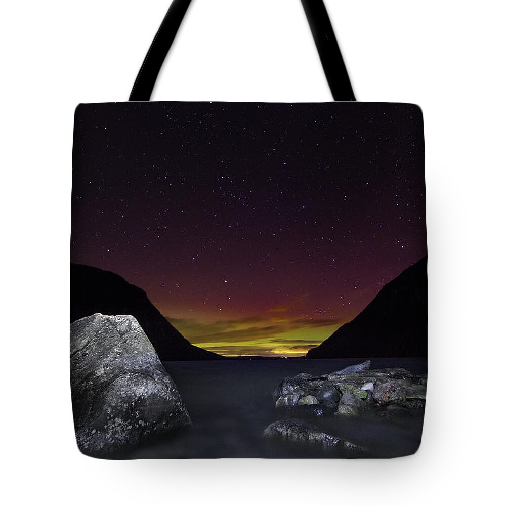 Aurora Tote Bag featuring the photograph Willoughby Aurora and Granite Boulders by Tim Kirchoff