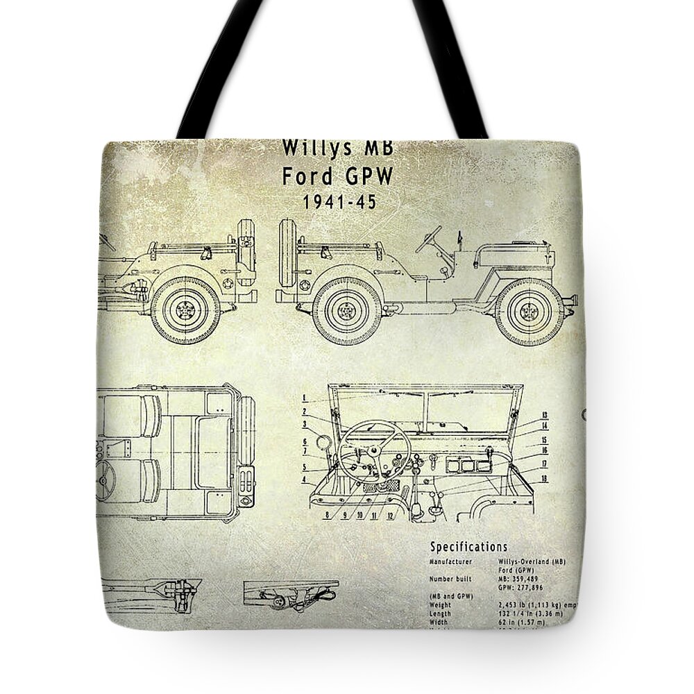 Willys Tote Bag featuring the photograph Willys Jeep Blueprint by Jon Neidert