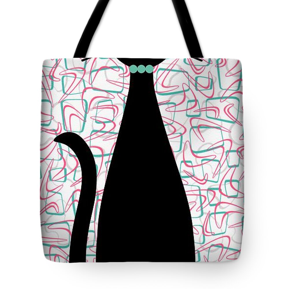 Mid Century Modern Tote Bag featuring the digital art Boomerang Cat in Aqua and Pink by Donna Mibus