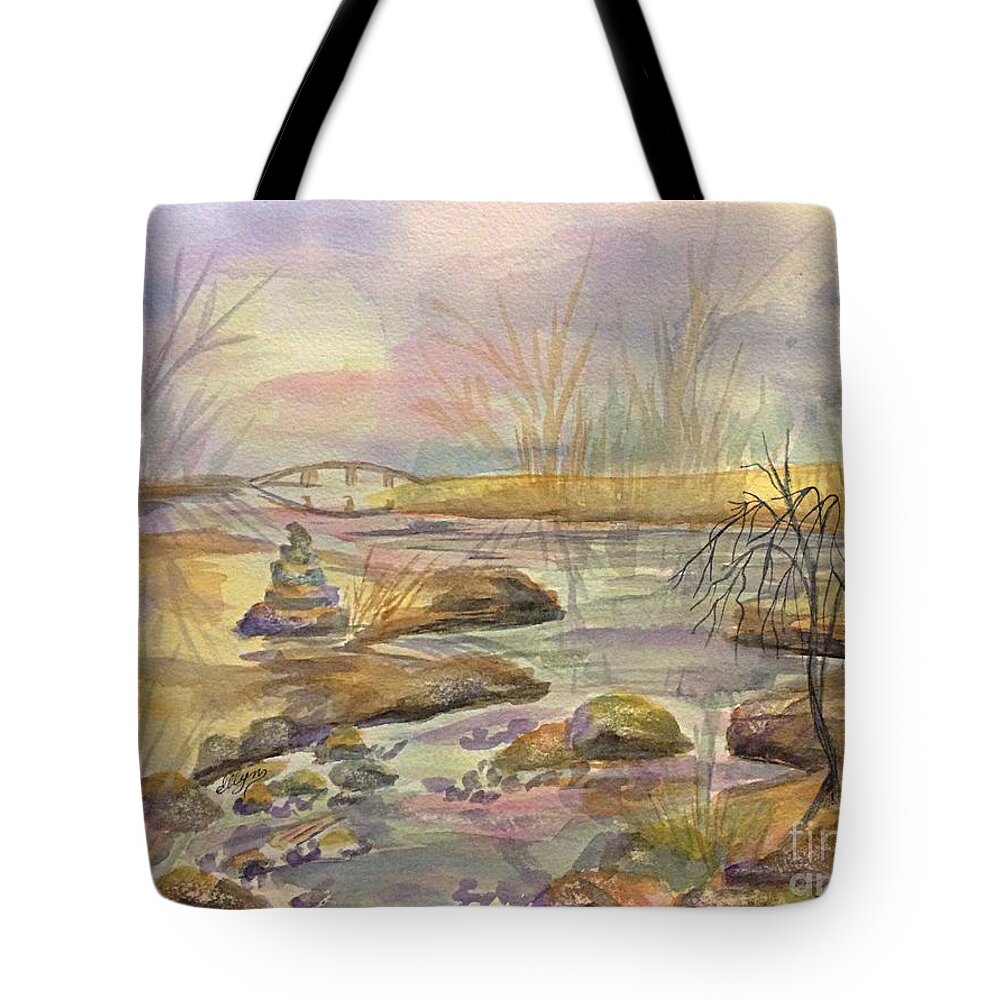 Landscape Painting Tote Bag featuring the painting Bridge Over Quiet Waters by Ellen Levinson