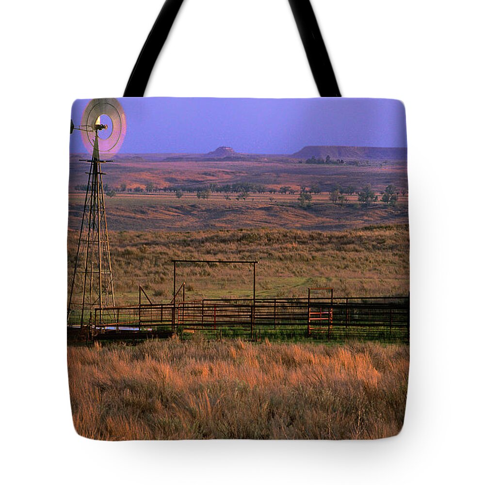 Dave Welling Tote Bag featuring the photograph Windmill Cattle Fencing Texas Panhandle by Dave Welling