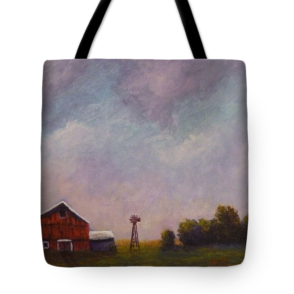 Farm Tote Bag featuring the painting Windmill farm under a stormy sky. by Dan Wagner