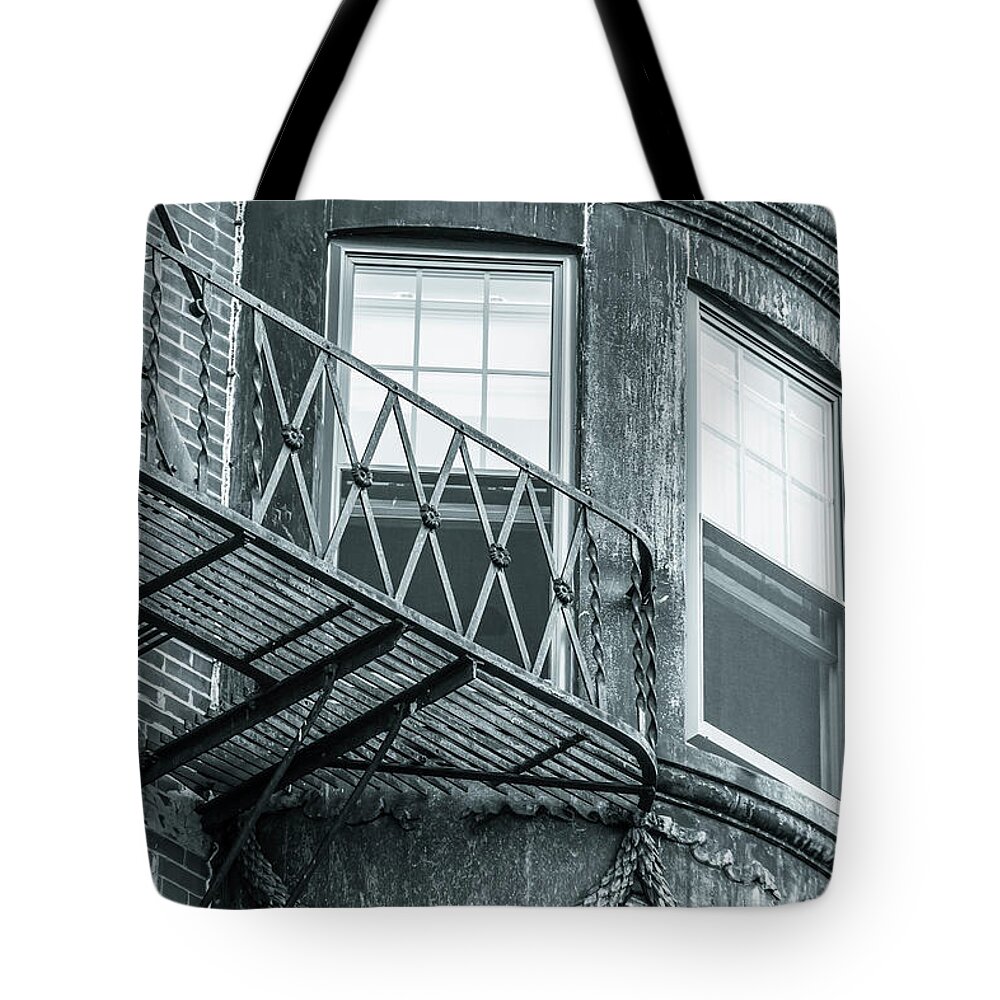 Fire Tote Bag featuring the photograph Window escape BW by Jason Hughes
