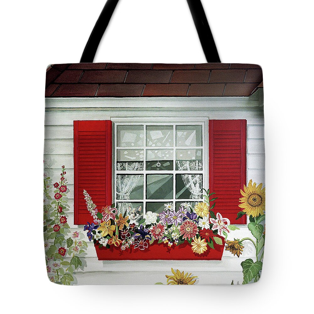 Window Tote Bag featuring the painting Windowbox with Cat by Bonnie Siracusa