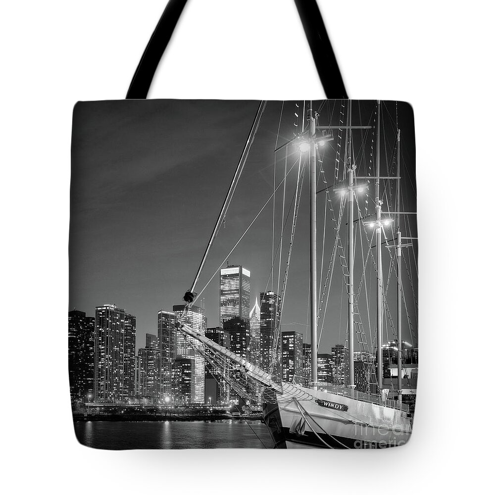 Chicago Tote Bag featuring the photograph Windy City skyline behind Windy Tall Ship by Izet Kapetanovic