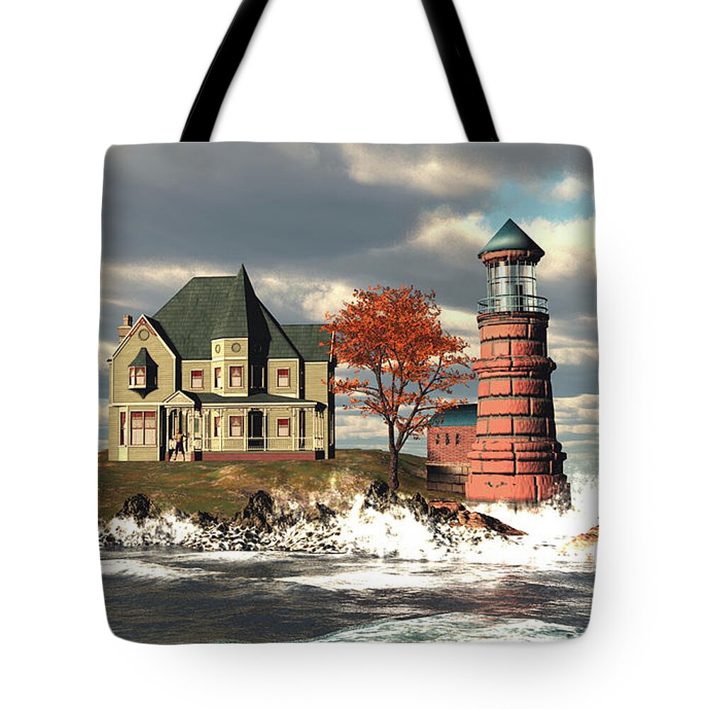 Windy Point Lighthouse.charming Seascape Scene Tote Bag featuring the digital art Windy Point Lighthouse by John Junek