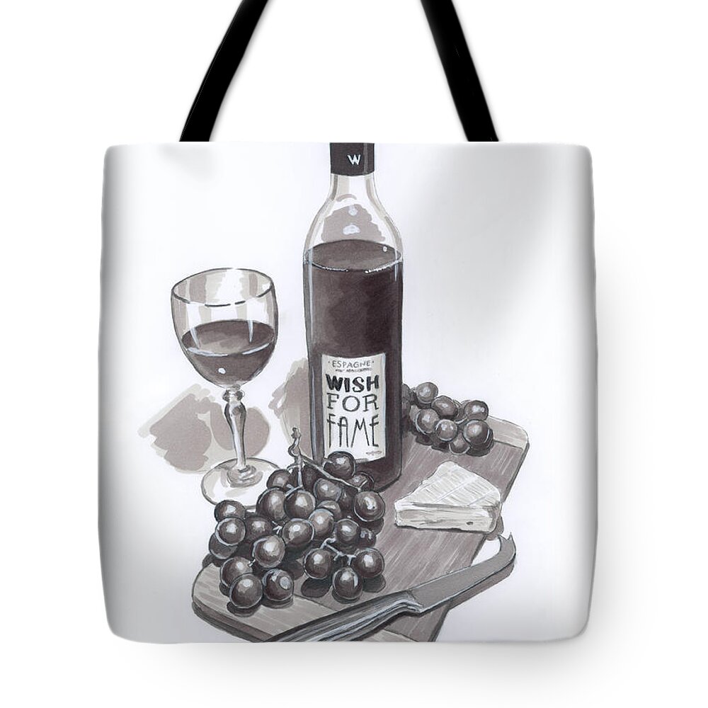 Kitchen Tote Bag featuring the drawing Wine and Cheese by Brandy Woods