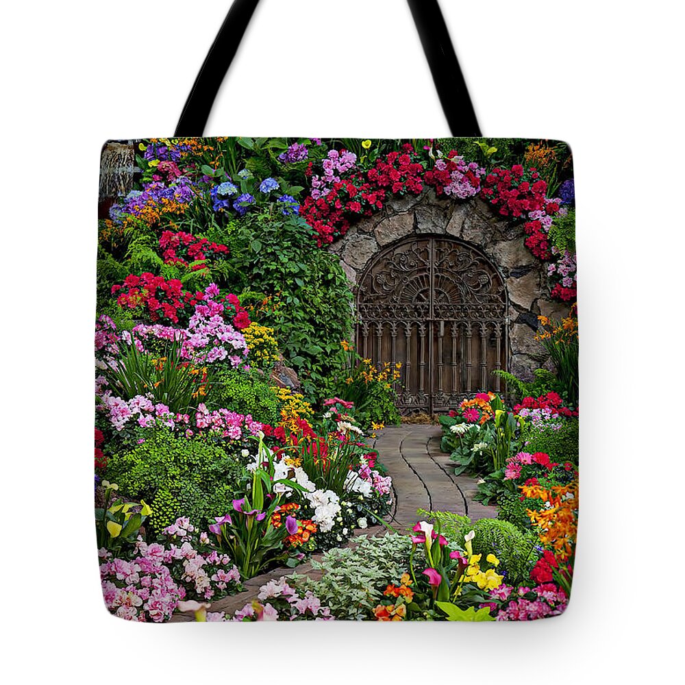 Flowers Tote Bag featuring the photograph Wine celler gates by Garry Gay